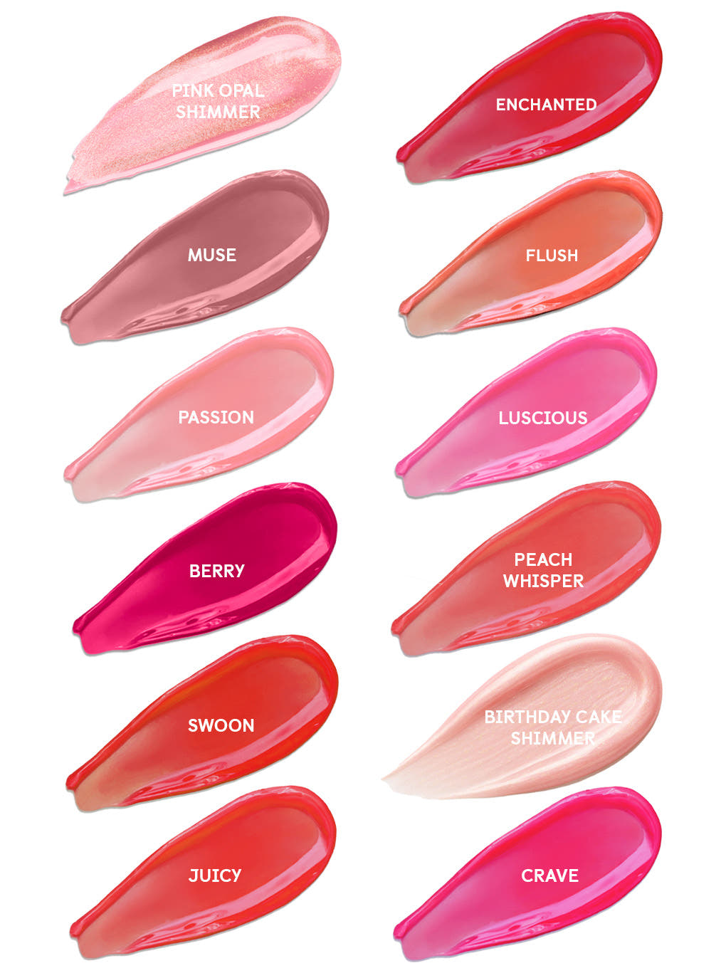 pink opal shimmer -- group shot of each of the lip oil swatches in the collection
