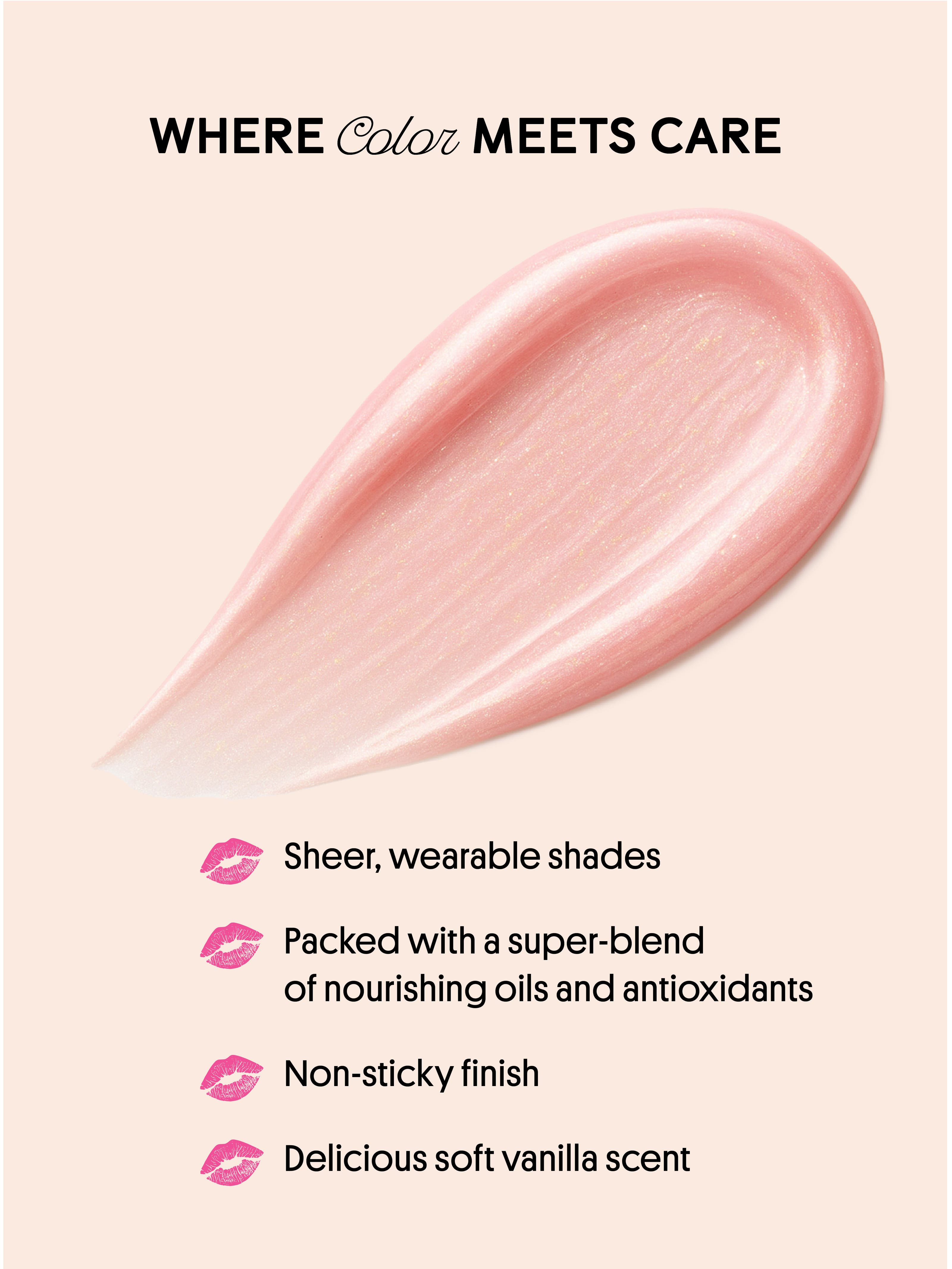pink opal shimmer -- swatch infographic highlighting key benefits of nourishing lip oil